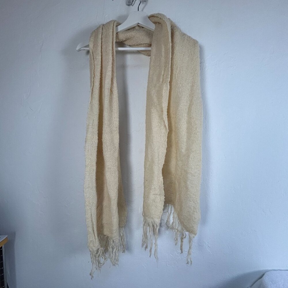 Sara Lisa Monroe Hand Woven Scarf Beige Fringe Trim Lightweight Wrap Boho 64x19